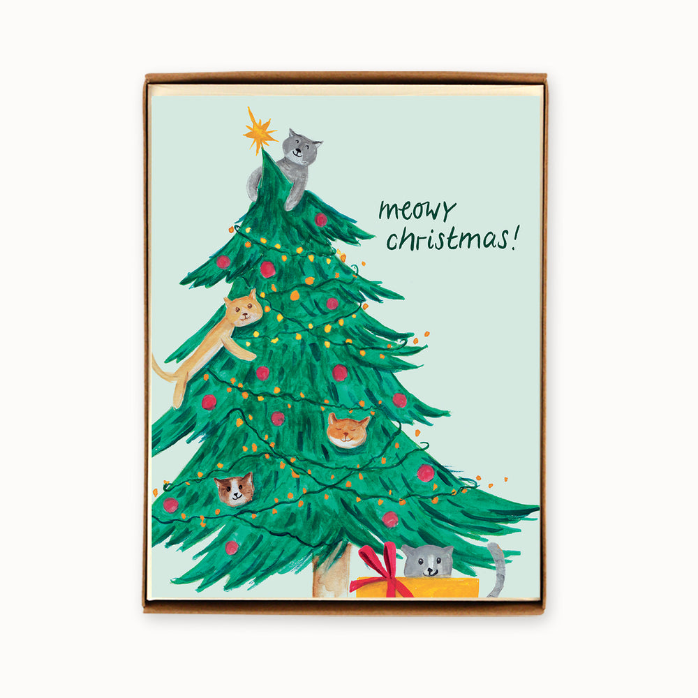 Box of 8 Cats in Christmas Tree Cards