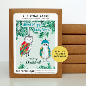 
                  
                    Load image into Gallery viewer, Box of 8 Silent Night, Owly Night Cards
                  
                
