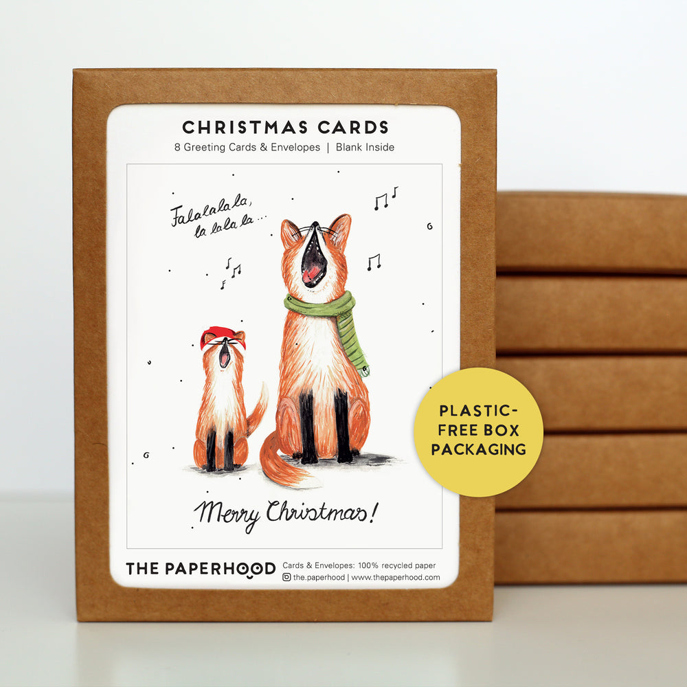 
                  
                    Load image into Gallery viewer, Box of 8 Singing Foxes Christmas Cards
                  
                
